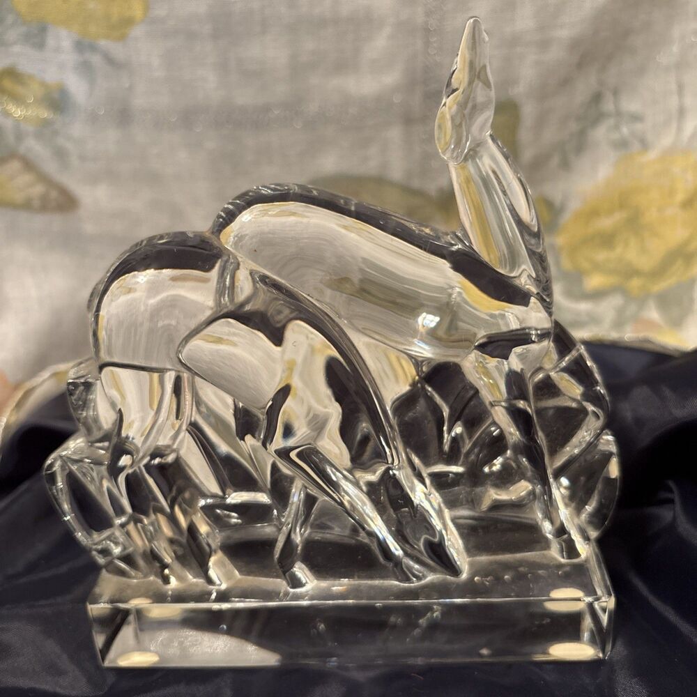 Mint BACCARAT Crystal Clear Glass Modernist‎ Double Deer Paperweight Figurine 6"